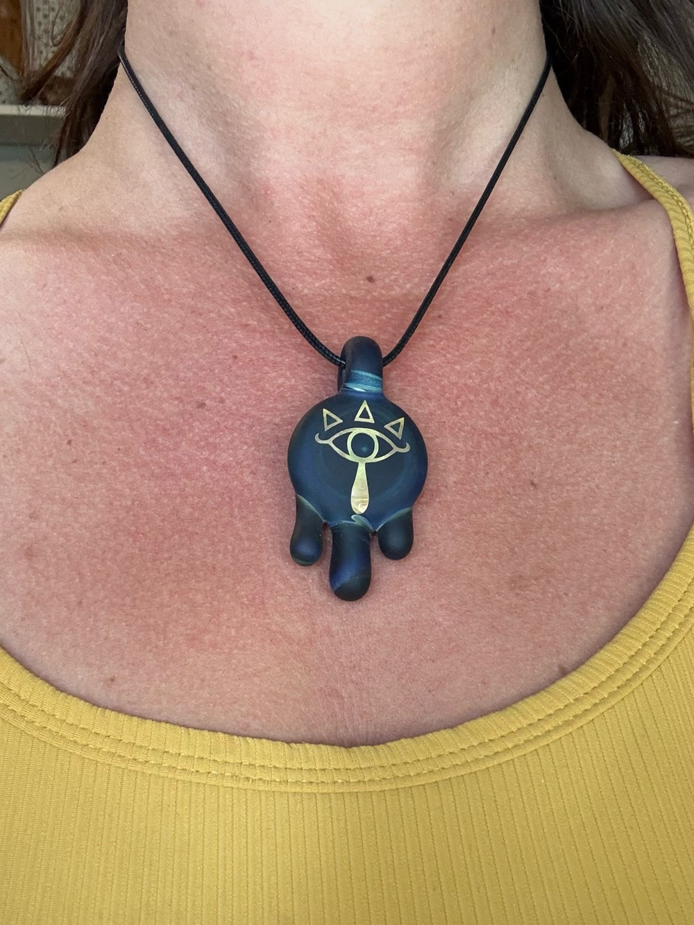 Zelda Sheikah Eye Hand-Blown Glass Drip Pendant Necklace | Matte Dark Blue Gold